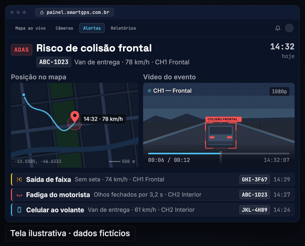 Painel com um alerta de risco de colisão frontal: a posição do veículo no mapa à esquerda e o vídeo do evento à direita, com a lista de alertas de fadiga, saída de faixa e celular ao volante embaixo.