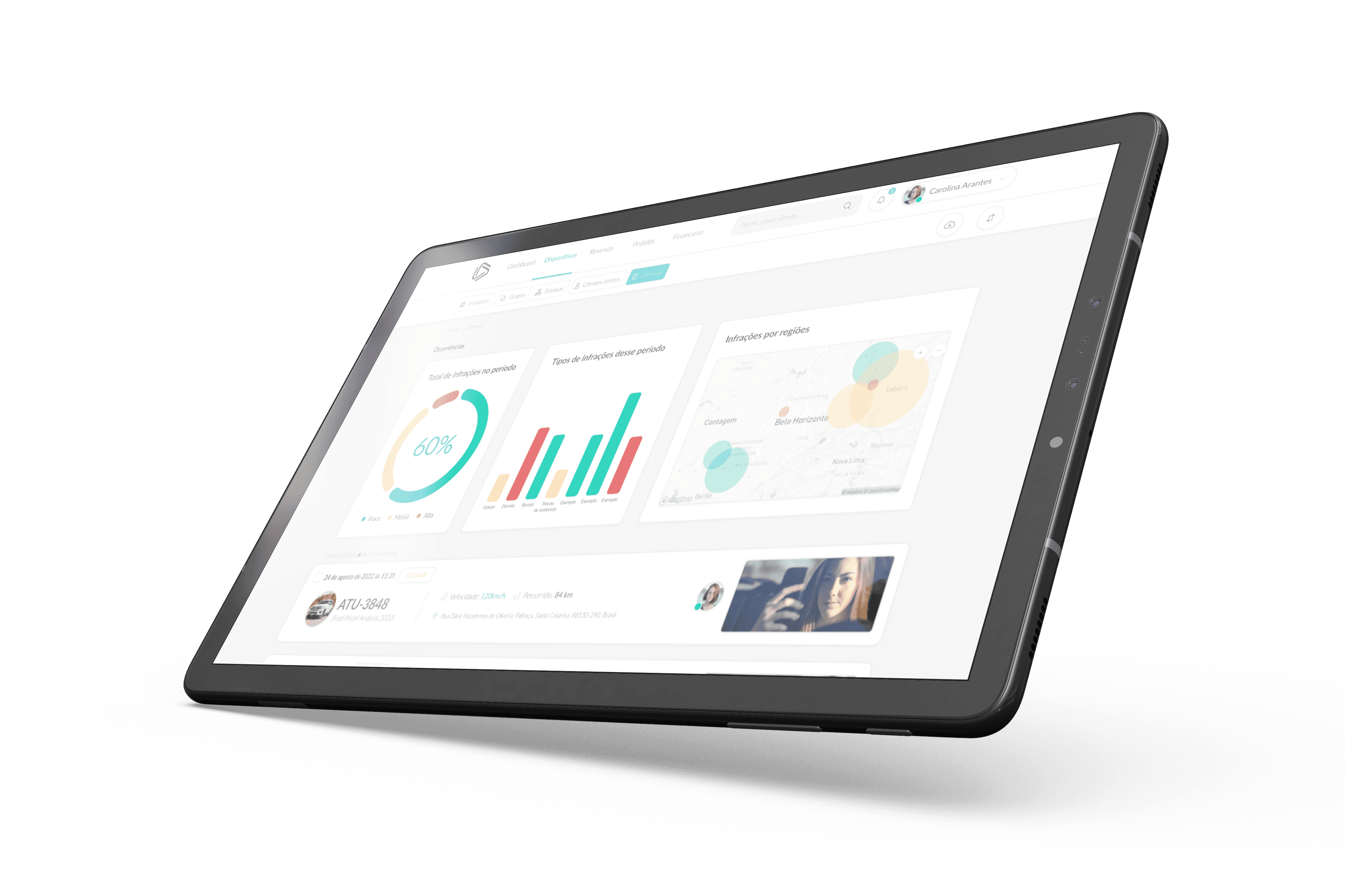 Seção de alertas da câmera da plataforma em um tablet preto